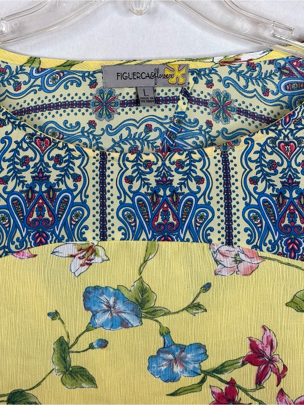 Figueroa & flower Fuchsia Yellow Floral Bell-Sleeve Blouse with Blue Trim - Picture 4 of 8